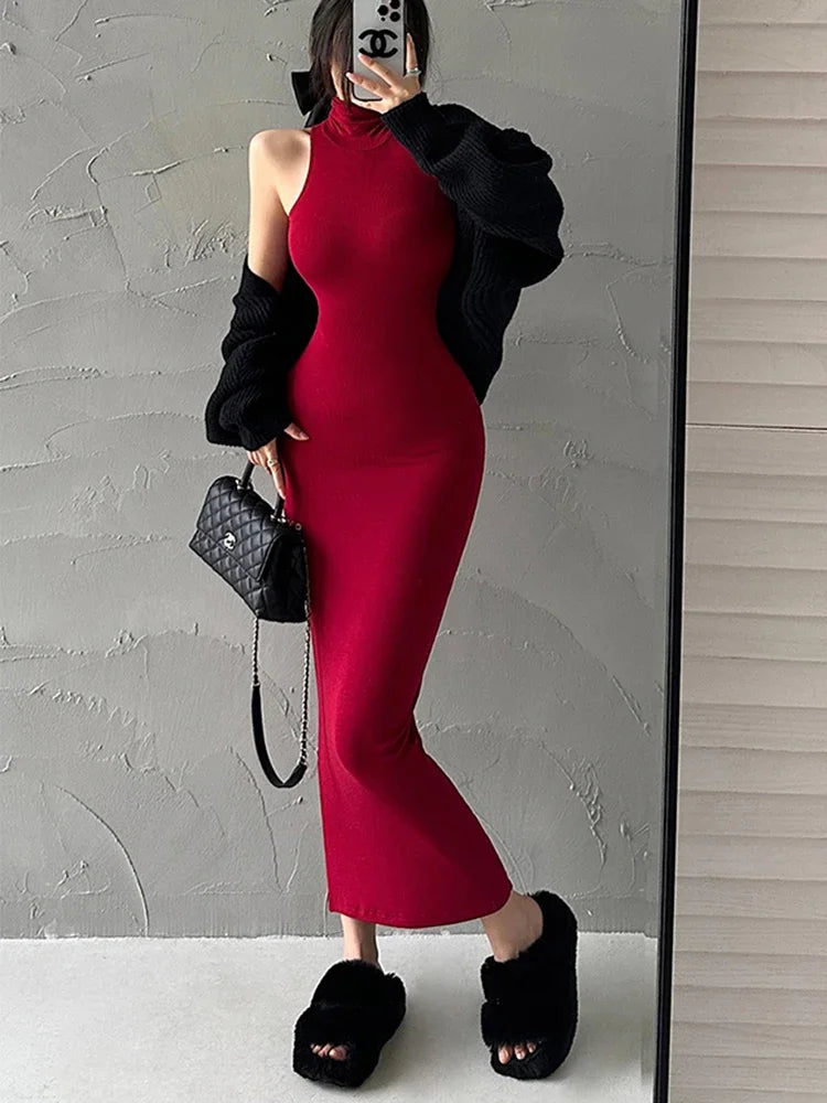 Robe Midi Rouge Col Roulé Slim – Sexy, Élastique, Bodycon, Soirée et Fêtes, Style Y2K