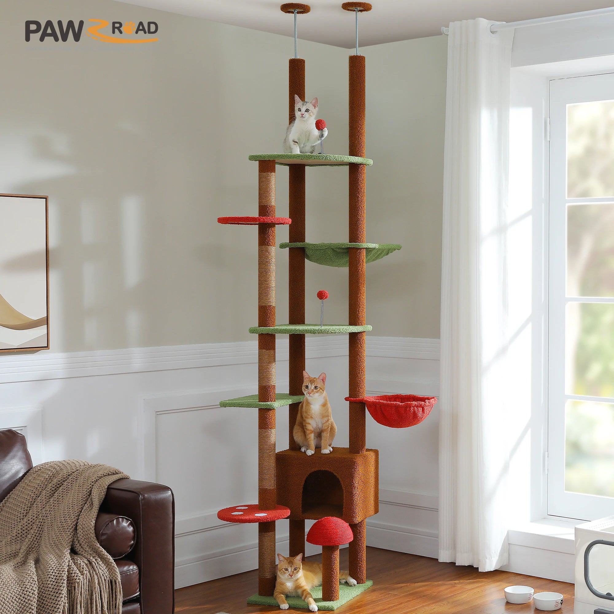 Floor-to-Ceiling Adjustable Wooden Cat Tree – Cat Tower with Hammock & Condo
