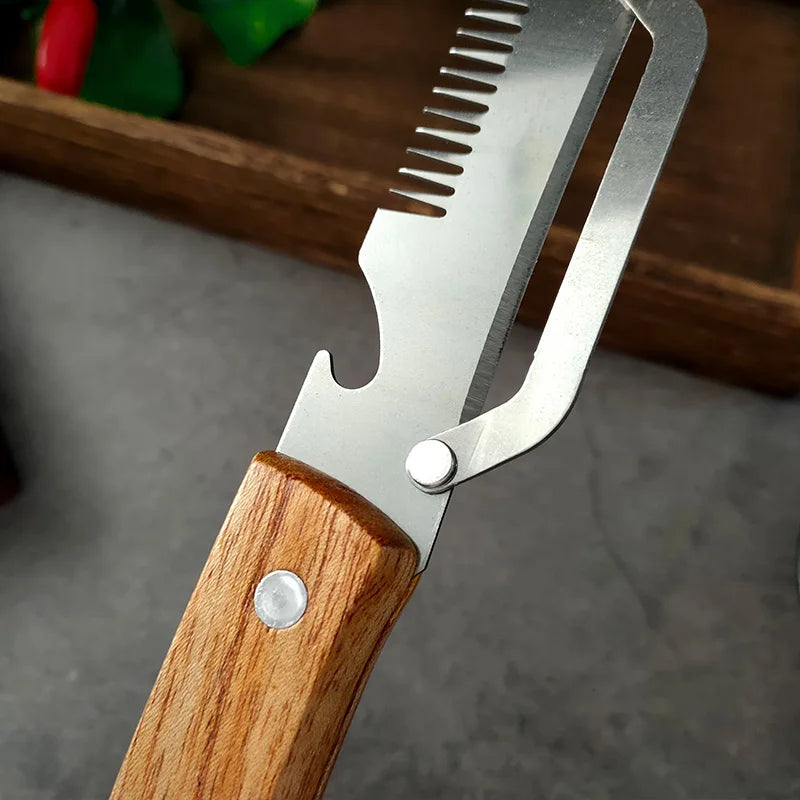 3-in-1 Stainless Steel Vegetable Peeler with Wooden Handle – Fruit & Potato Peeler with Built-In Bottle Opener