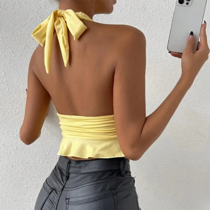 Top Femme Sexy Moulant – Décolleté Plongeant & Fronces Élégantes – Printemps / Club / Plage