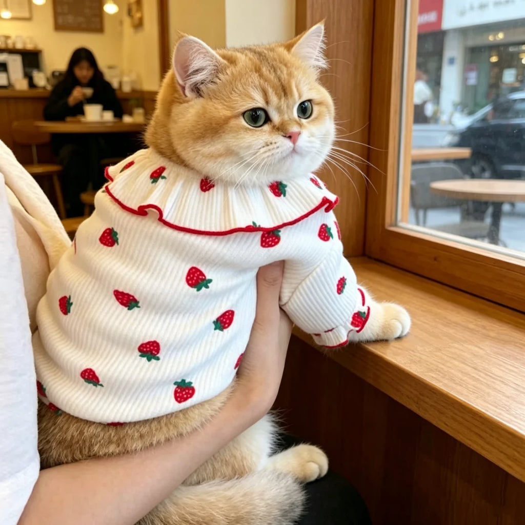 Strawberry Print Pet Dress – Cute Lace Summer Outfit for Small Dogs & Cats