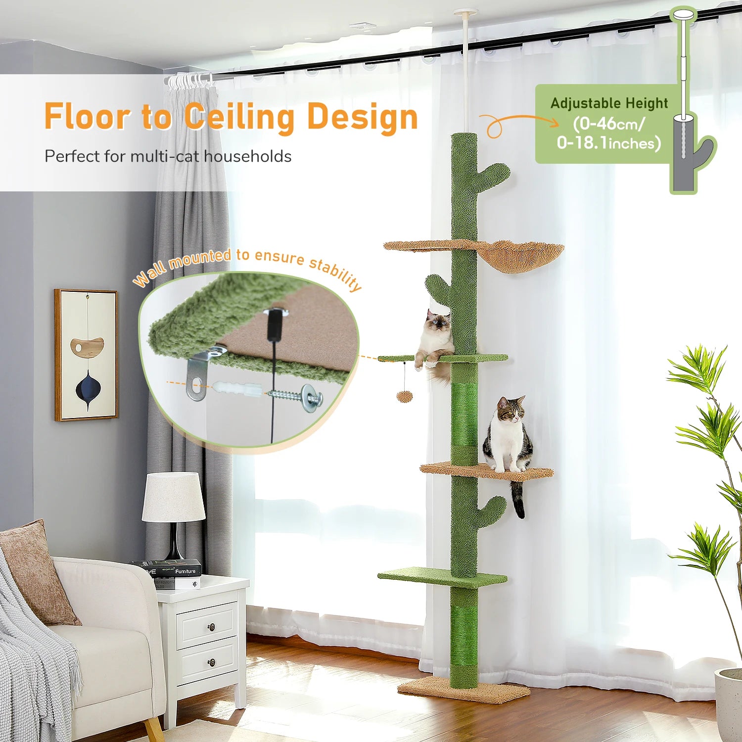 5-Tier Floor-to-Ceiling Cactus Cat Tree – Cat Tower with Hammock & Scratching Posts