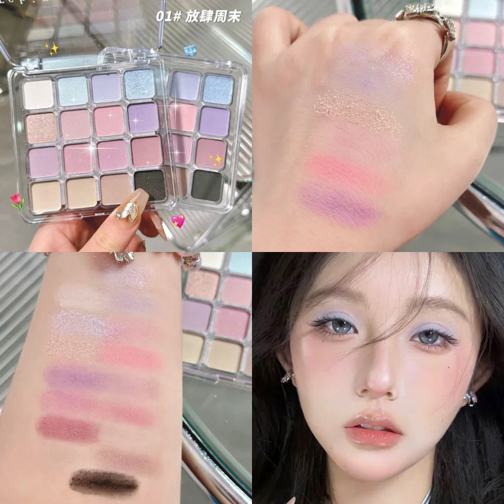 Palette fards à paupières 16 couleurs, rose et pêche, mats et nacrés pailletés, pigments, waterproof, longue tenue, tons terre coréens