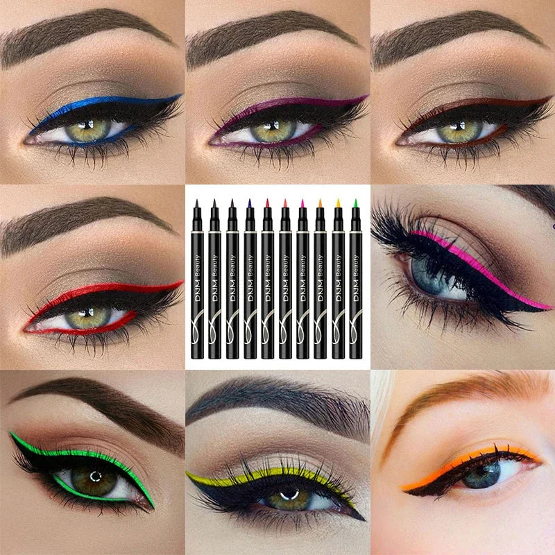 Set 12 Crayons Eyeliner Liquide – Waterproof, Facile à Appliquer, Mat, Couleurs Bleu, Rouge, Vert, Blanc, Or et Marron