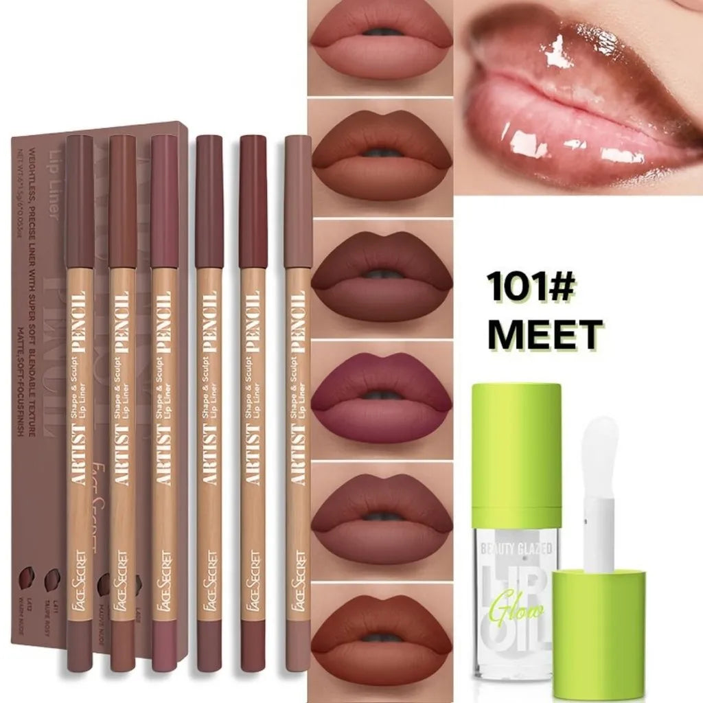 Set 6 Pièces – Crayons à Lèvres Mat Waterproof + Huile/Lip Essence, Effet Repulpant, Teinte et Soin des Lèvres, Gloss