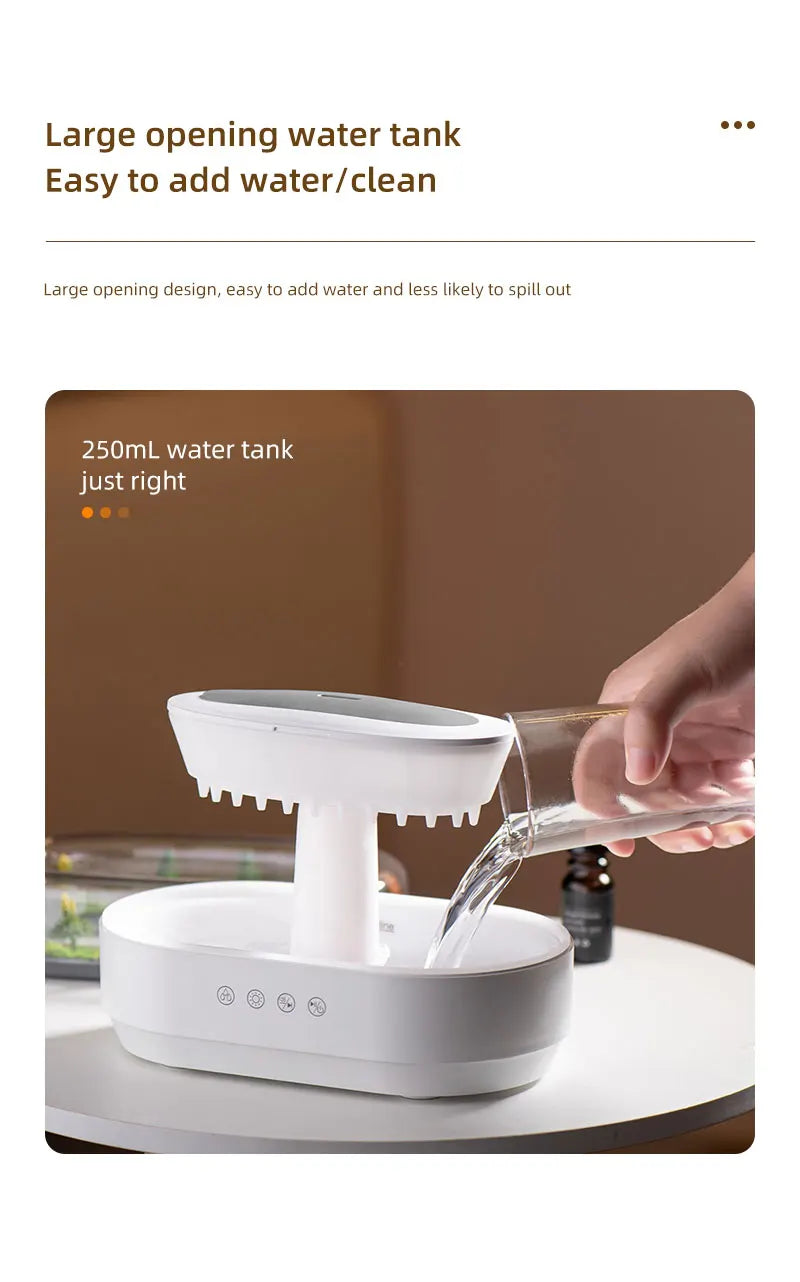 Raindrop Aroma Diffuser – Ultrasonic Humidifier with White Noise & Colorful LED Lights