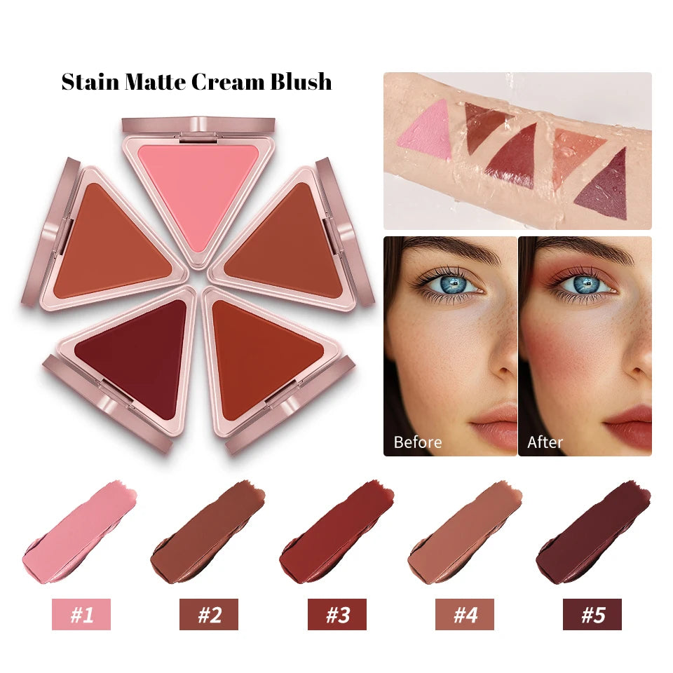 Blush crème triangulaire – Crème matte non grasse, facile à appliquer – Haute saturation de couleur, fini naturel rosé