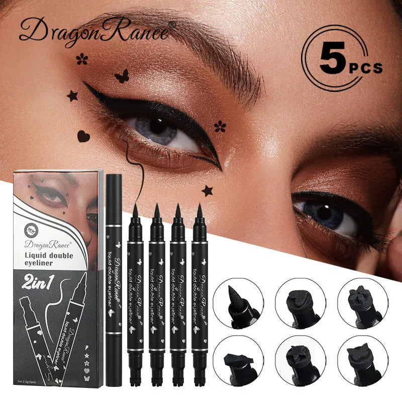 Set 5 pcs – eyeliners liquides double embout, tampon étoile, waterproof, séchage rapide, noir intense