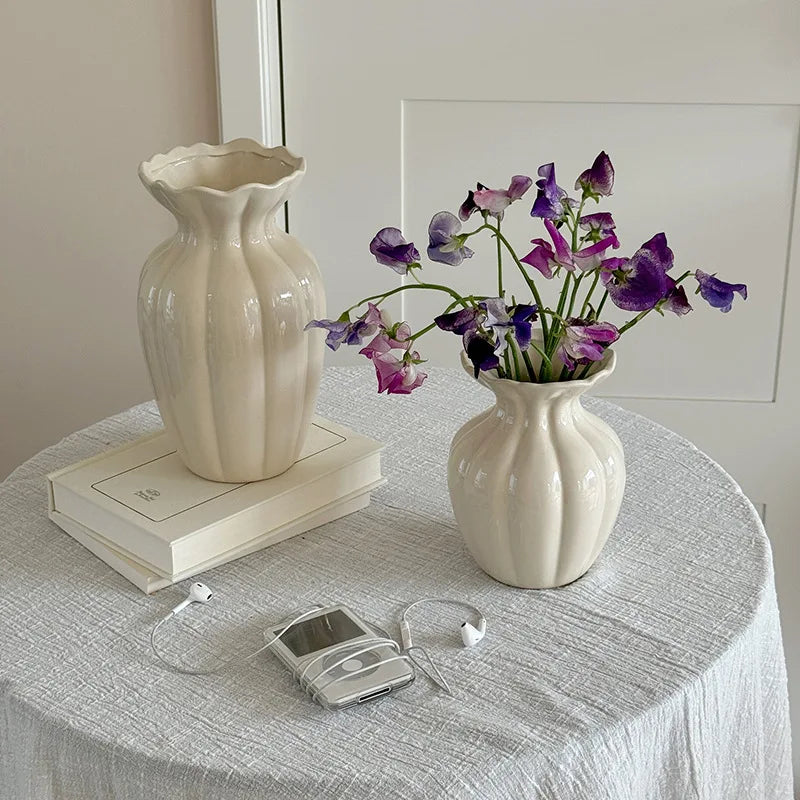 Luxury French Cream Ceramic Vase – Elegant Flower Holder for Home Decor