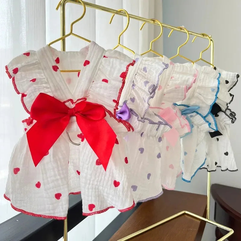 Heart Print Dog Dress with Bow – Cute Summer Princess Outfit for Small Dogs & Cats