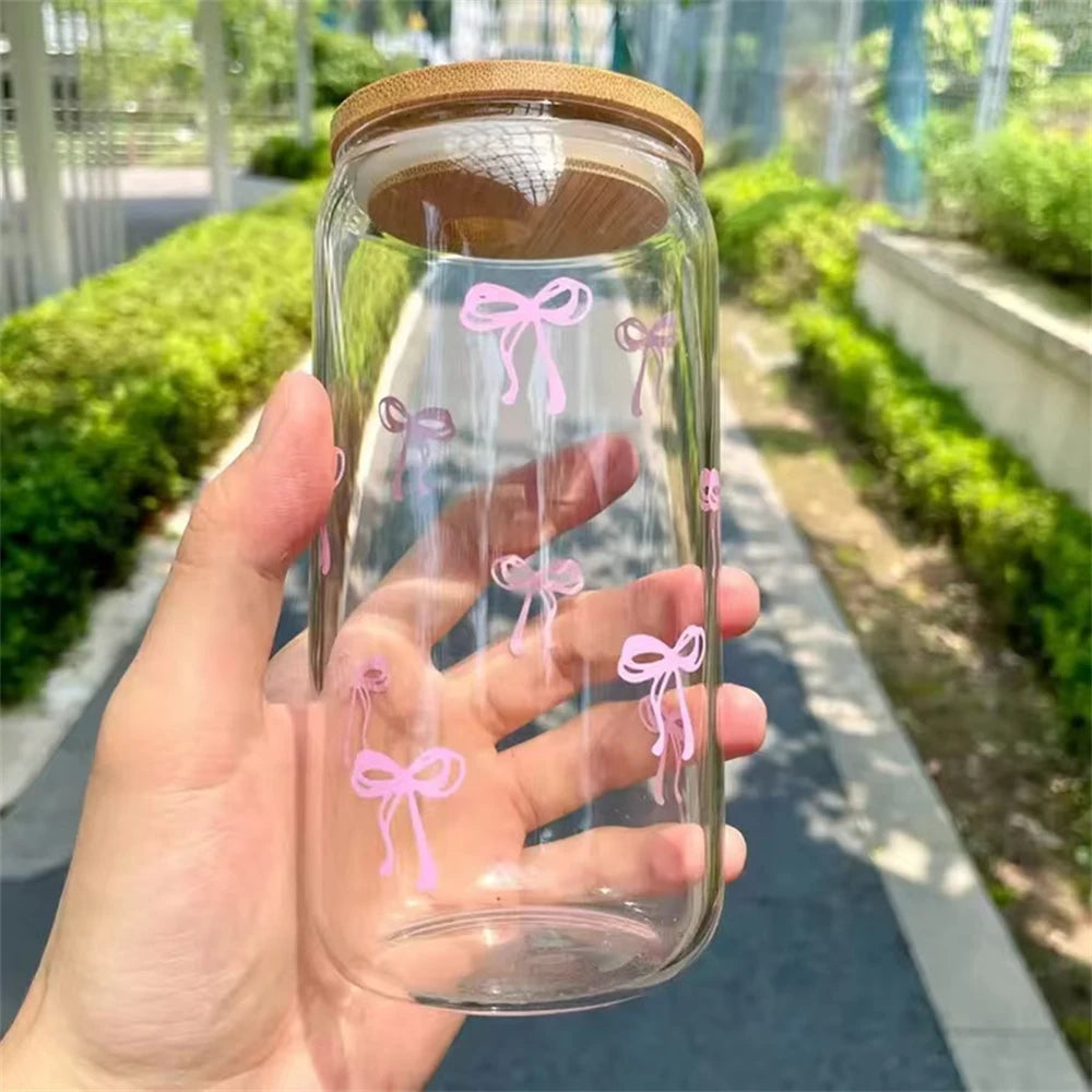 500ml Pink Bow Glass Cup with Lid & Straw – Cute Tumbler for Iced Coffee, Matcha, Juice & Smoothies
