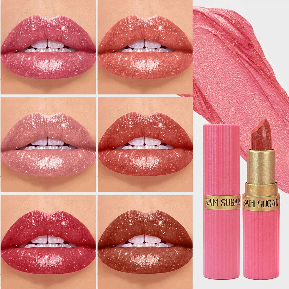 Rouge à lèvres velours pailleté rose nacré – Effet métallique et scintillant | Waterproof et longue tenue | Finition mate avec brillance diamantée | Maquillage pour femmes