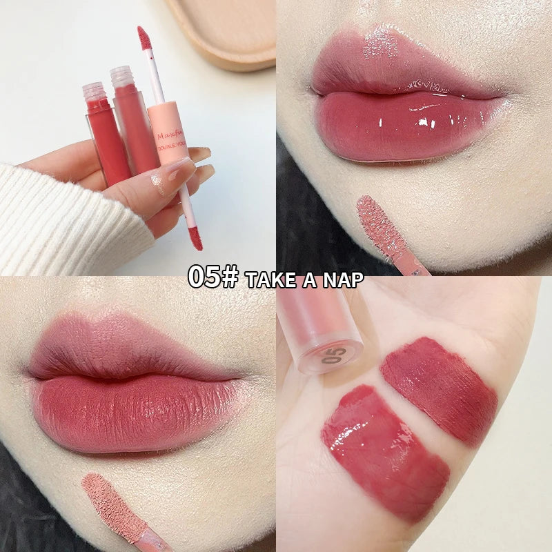 Rouge à Lèvres Double-Embout – Gloss Complet, Fini Miroir et Velours Mat, Longue Tenue, Hydratant, Anti-Tache, Maquillage des Lèvres