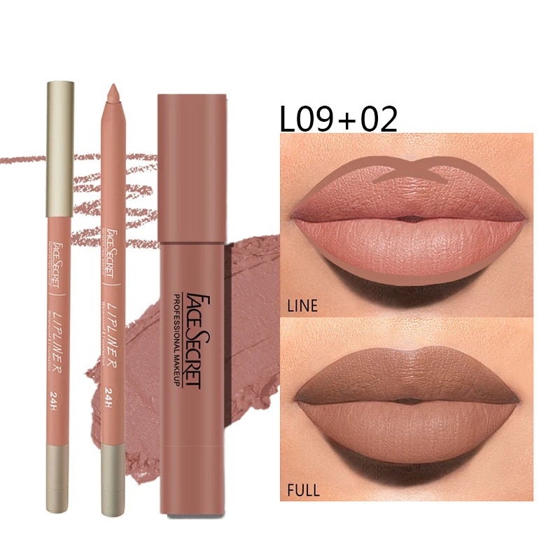 Set Rouge à Lèvres Mat + Crayon – Waterproof, Longue Tenue, Couleur Intense