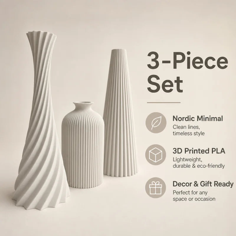 3-Piece Wabi-Sabi Ribbed Vase Set – Matte Off-White Decorative Vases for Home Decor