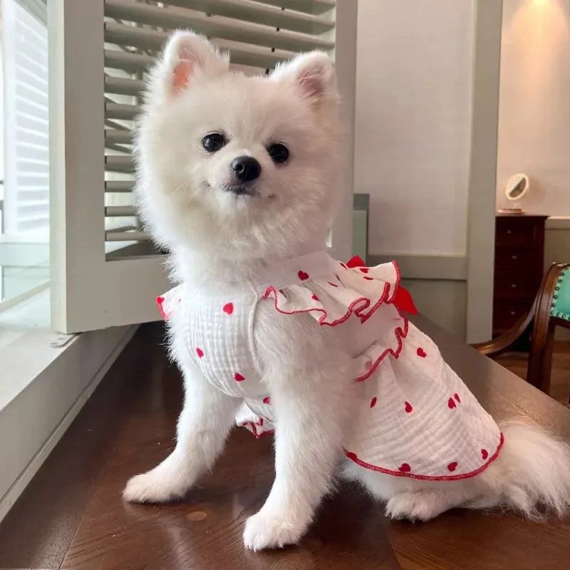 Heart Print Dog Dress with Bow – Cute Summer Princess Outfit for Small Dogs & Cats