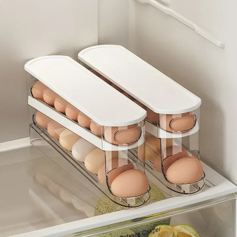 2-Layer Rolling Egg Storage Box – Automatic Refrigerator Egg Organizer