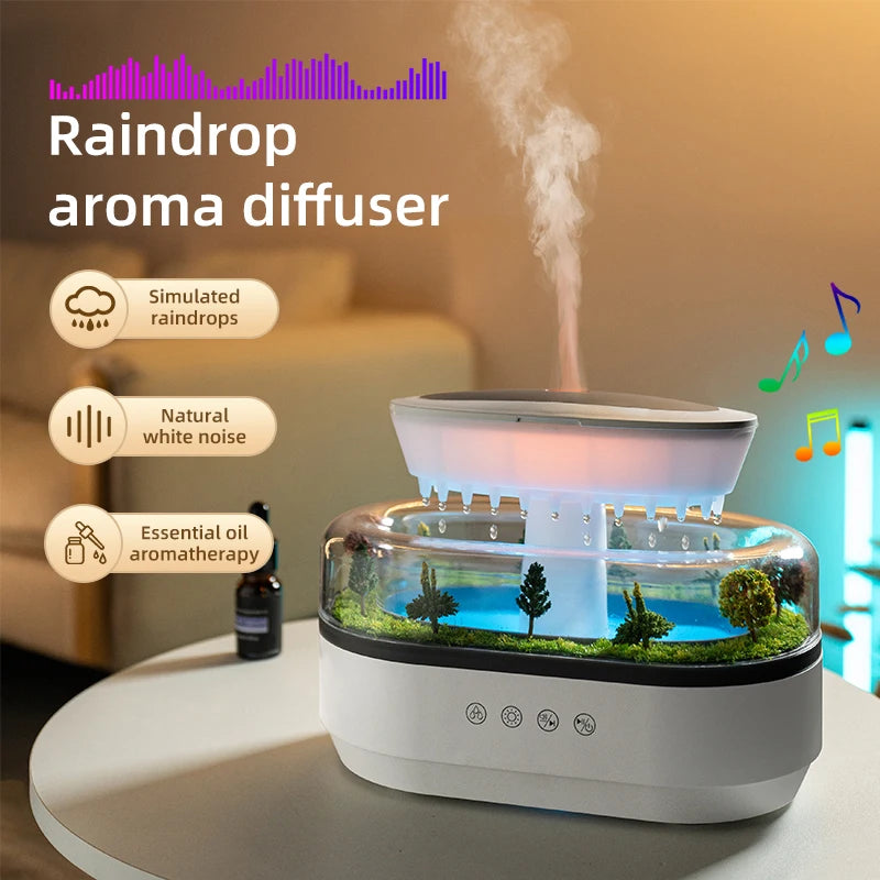 Raindrop Aroma Diffuser – Ultrasonic Humidifier with White Noise & Colorful LED Lights