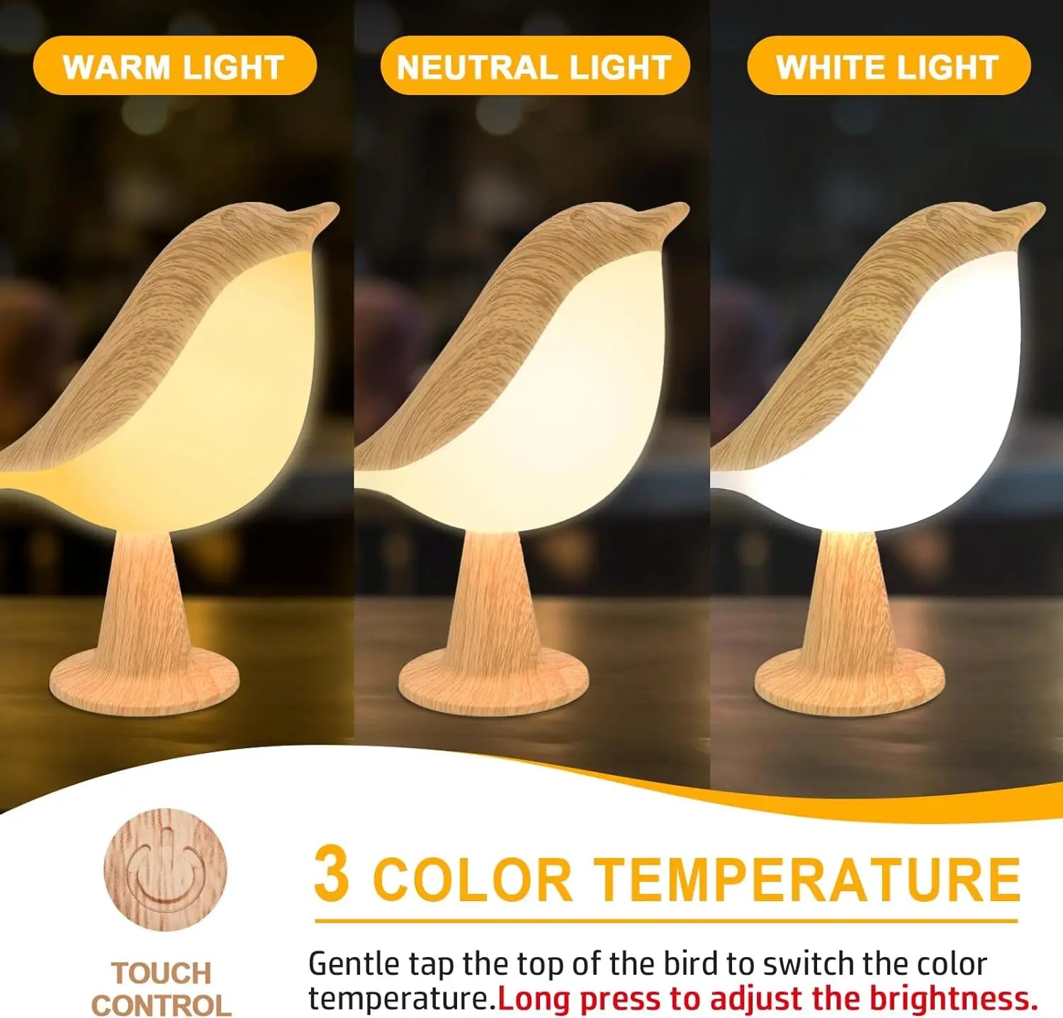 LED Bird Touch Lamp – 3-Level Dimmable Rechargeable Night Light for Home Decor