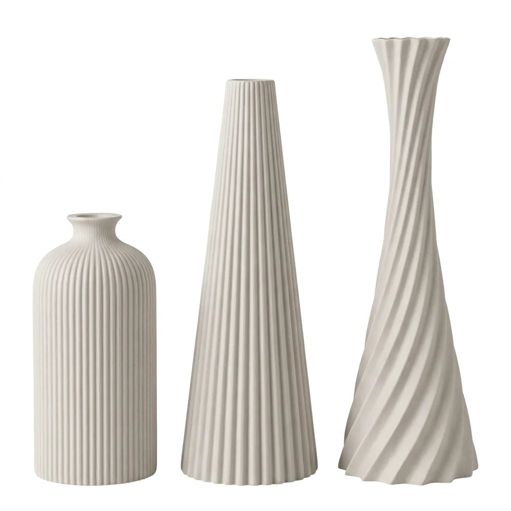 3-Piece Wabi-Sabi Ribbed Vase Set – Matte Off-White Decorative Vases for Home Decor