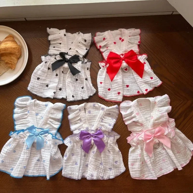 Heart Print Dog Dress with Bow – Cute Summer Princess Outfit for Small Dogs & Cats