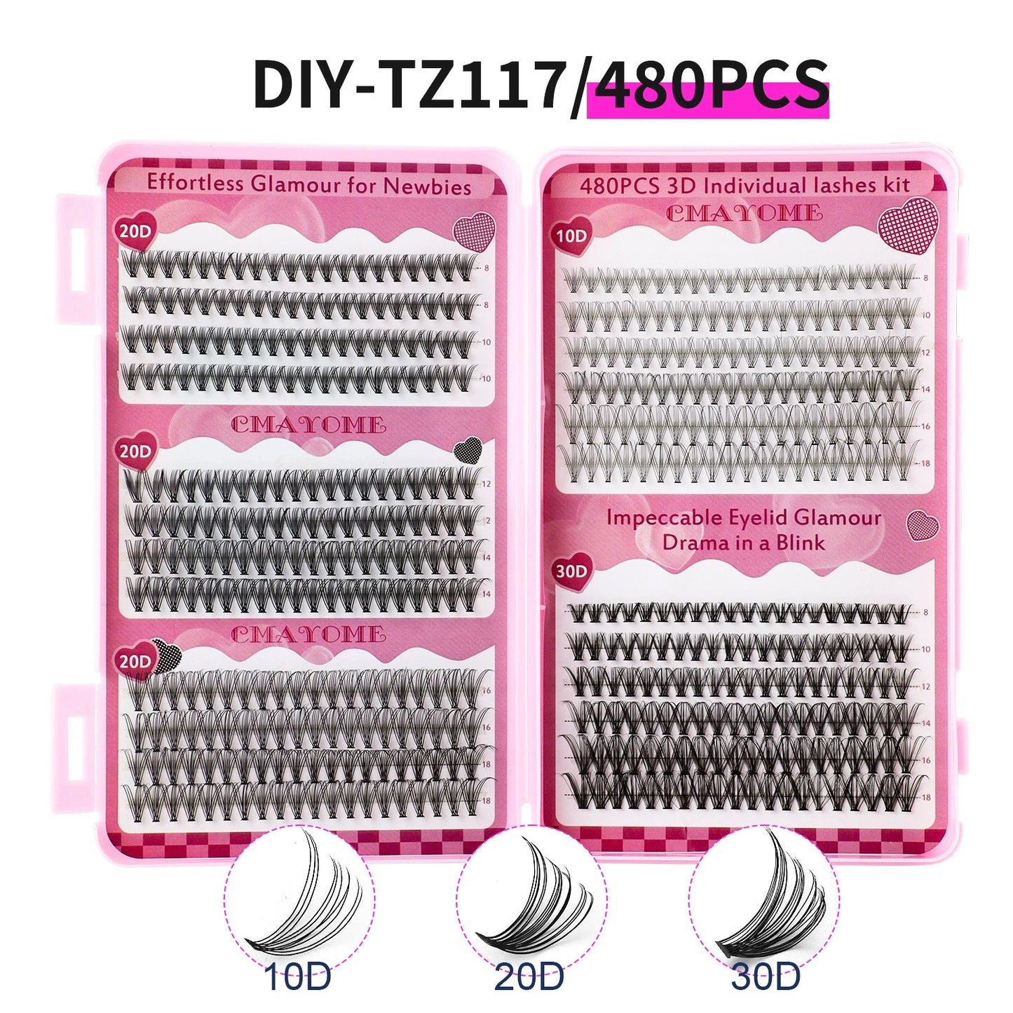 600 pcs Extensions de cils individuels – Grappes épaisses et volumineuses, 30D/100D, longueurs mixtes, DIY – Cils faciles à appliquer et à retirer