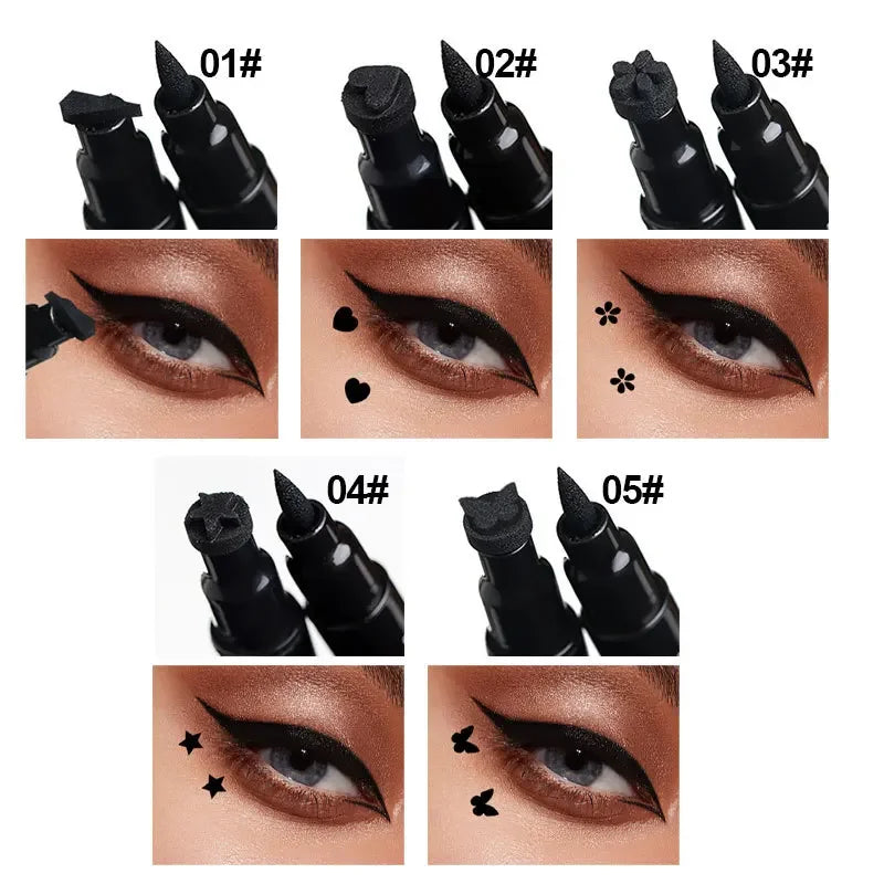 Stylo Eyeliner Noir avec Tampon – Double Embout, Étoile, Longue Tenue, Étanche, Crayon Yeux, Tampon Ailé, Maquillage des Yeux, Cosmétiques