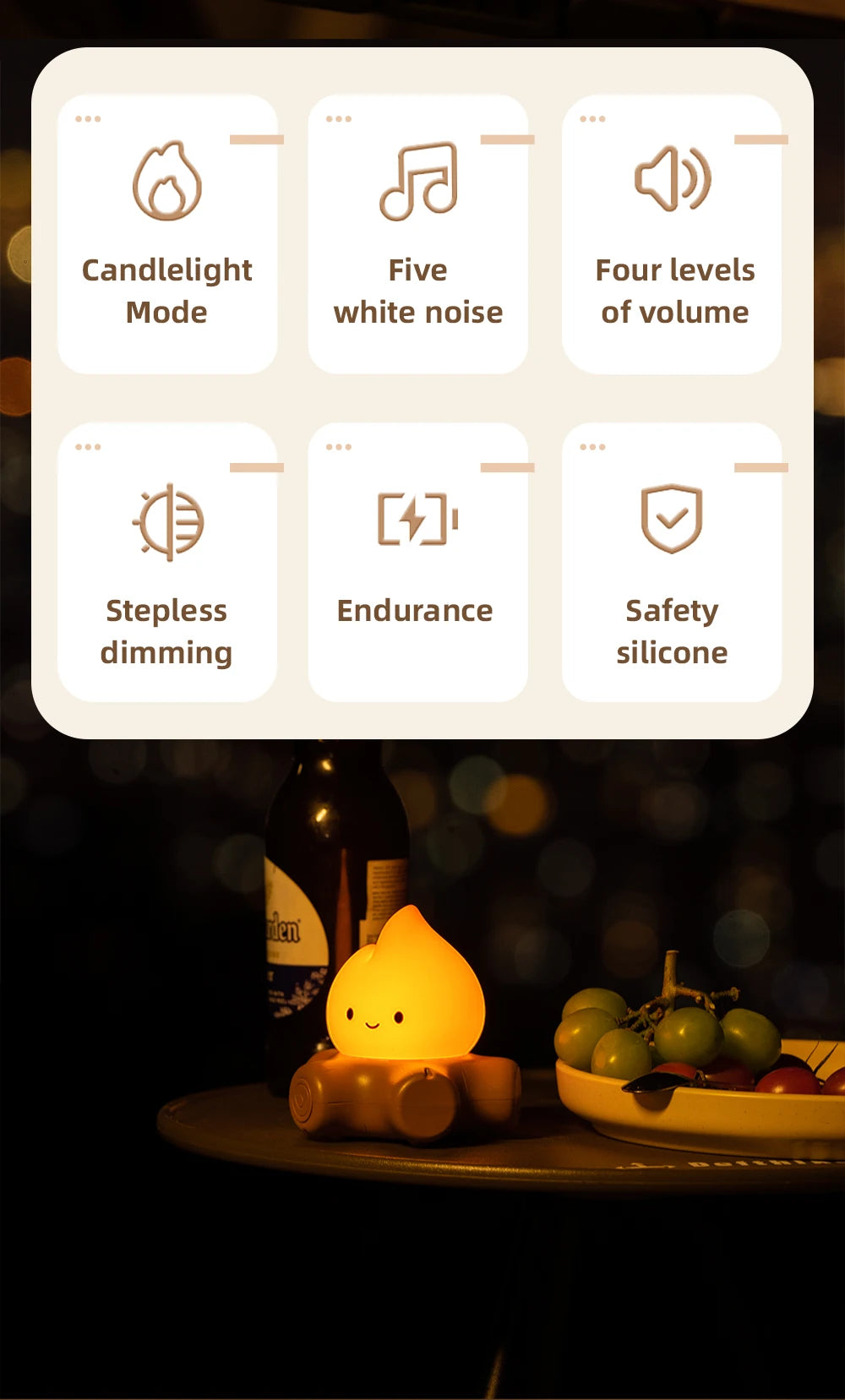 Campfire Night Light with White Noise – Cozy LED Atmosphere Lamp for Kids & Bedroom Decor