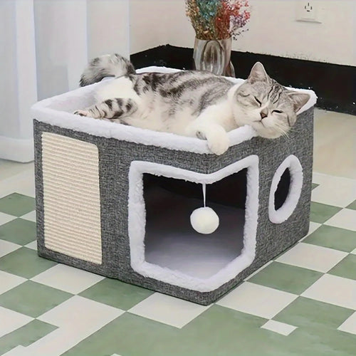 4-Season Multi-Level Cat House – Foldable Cat Cave Bed with Scratching Board