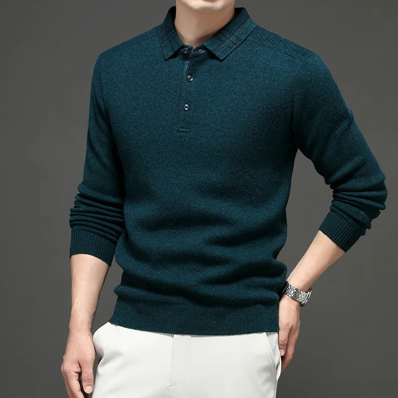Chemise de base tricotée en pure laine épaisse à manches longues pour hommes Polo d'affaires décontracté Pull à col rayé pour personnes d'âge moyen...
