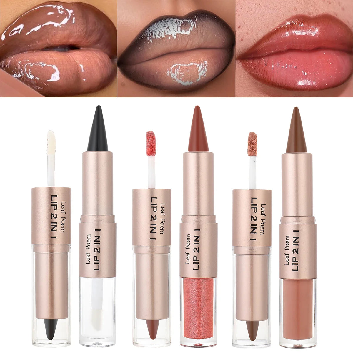 Crayon à Lèvres 2-en-1 à Pointe Effilée – Dégradé Nude Marron, Gloss Fini Miroir, Mat, Waterproof, Contour des Lèvres, Anti-Transfert