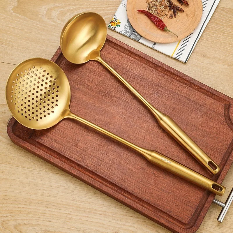 Gold Stainless Steel Soup Spoon Set (1–7 PCS) – Multifunction Noodle, Rice & Hot Pot Serving Spoon