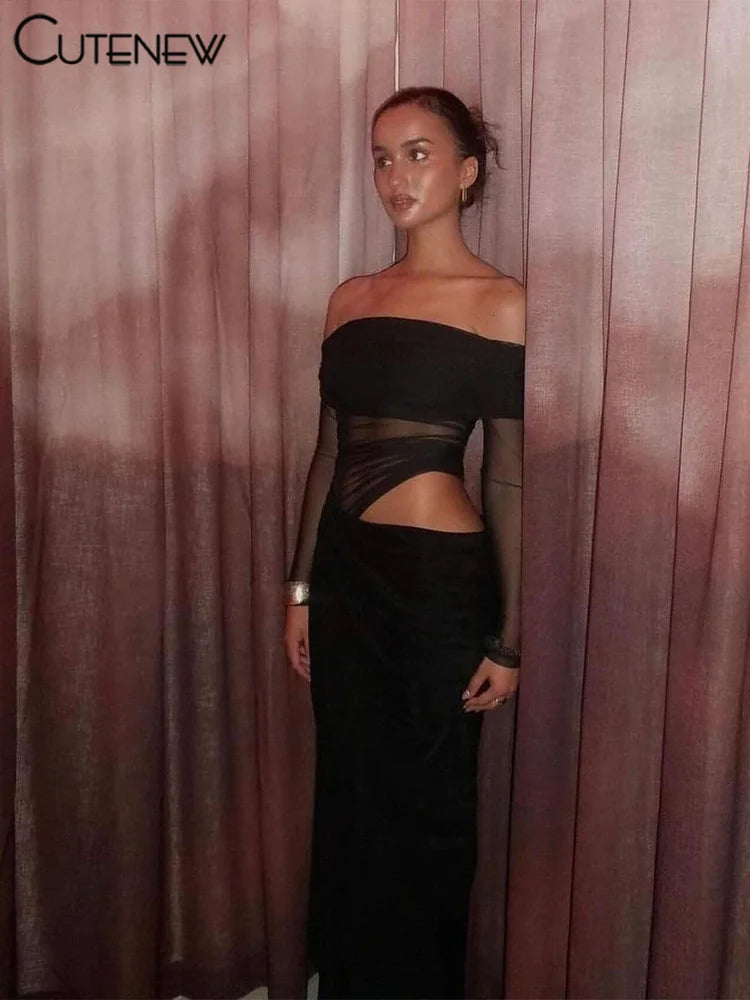 Robe pour femmes – Effet transparent avec fronces | Manches longues et épaules dénudées | Coupe moulante | Idéale pour soirées nocturnes et fêtes élégantes