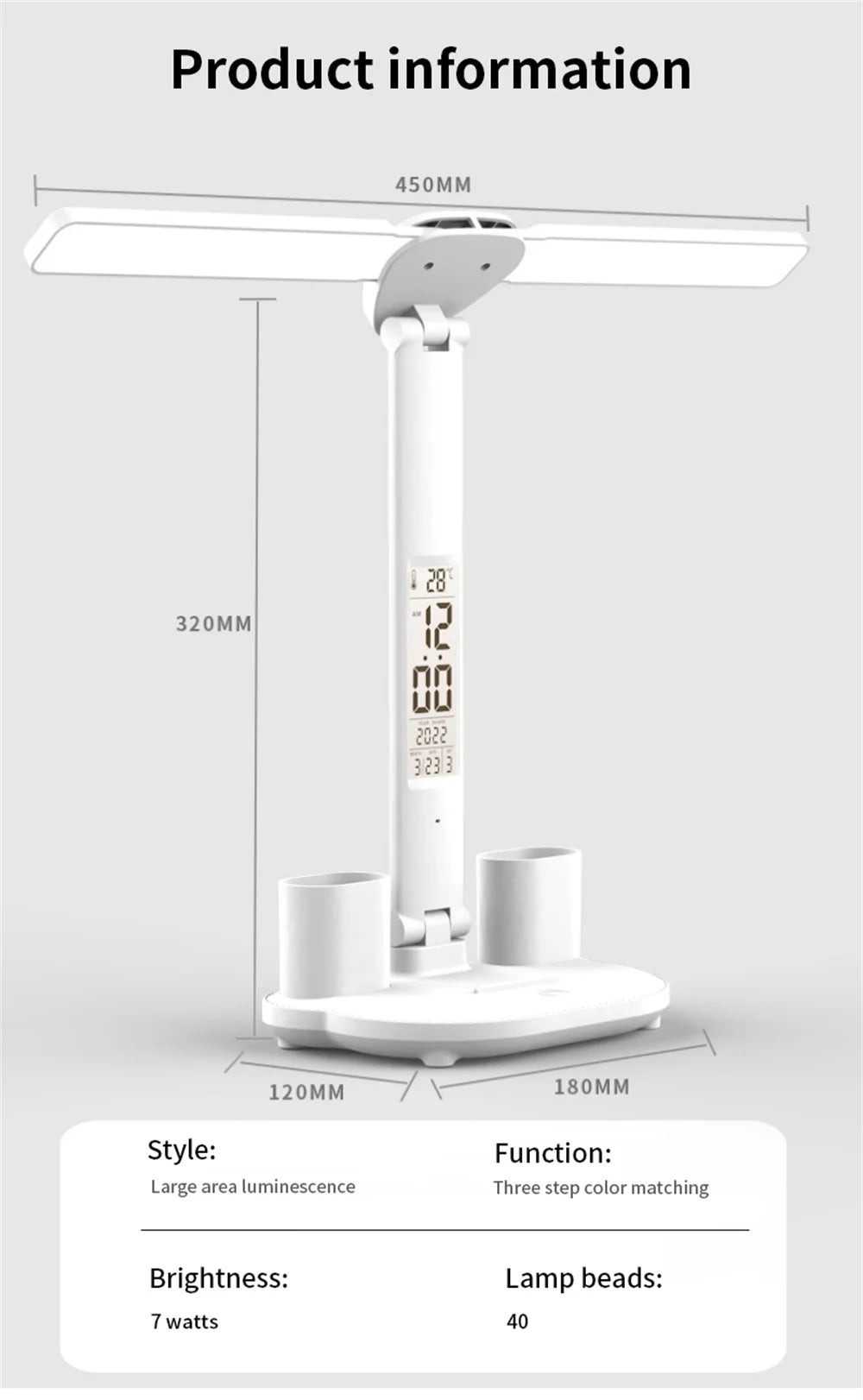 LED Desk Lamp with Clock & Temperature Display – USB Rechargeable Touch Control Reading Light