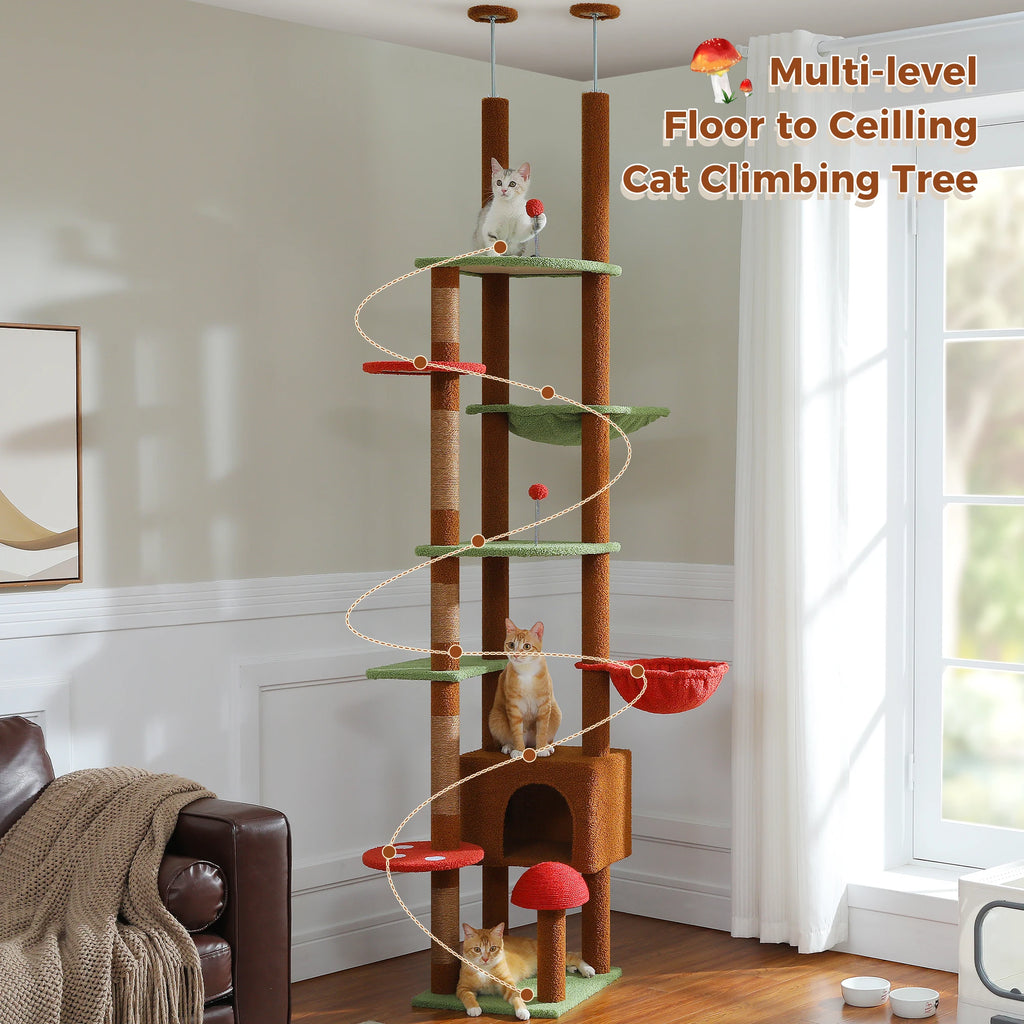 Floor-to-Ceiling Adjustable Wooden Cat Tree – Cat Tower with Hammock & Condo