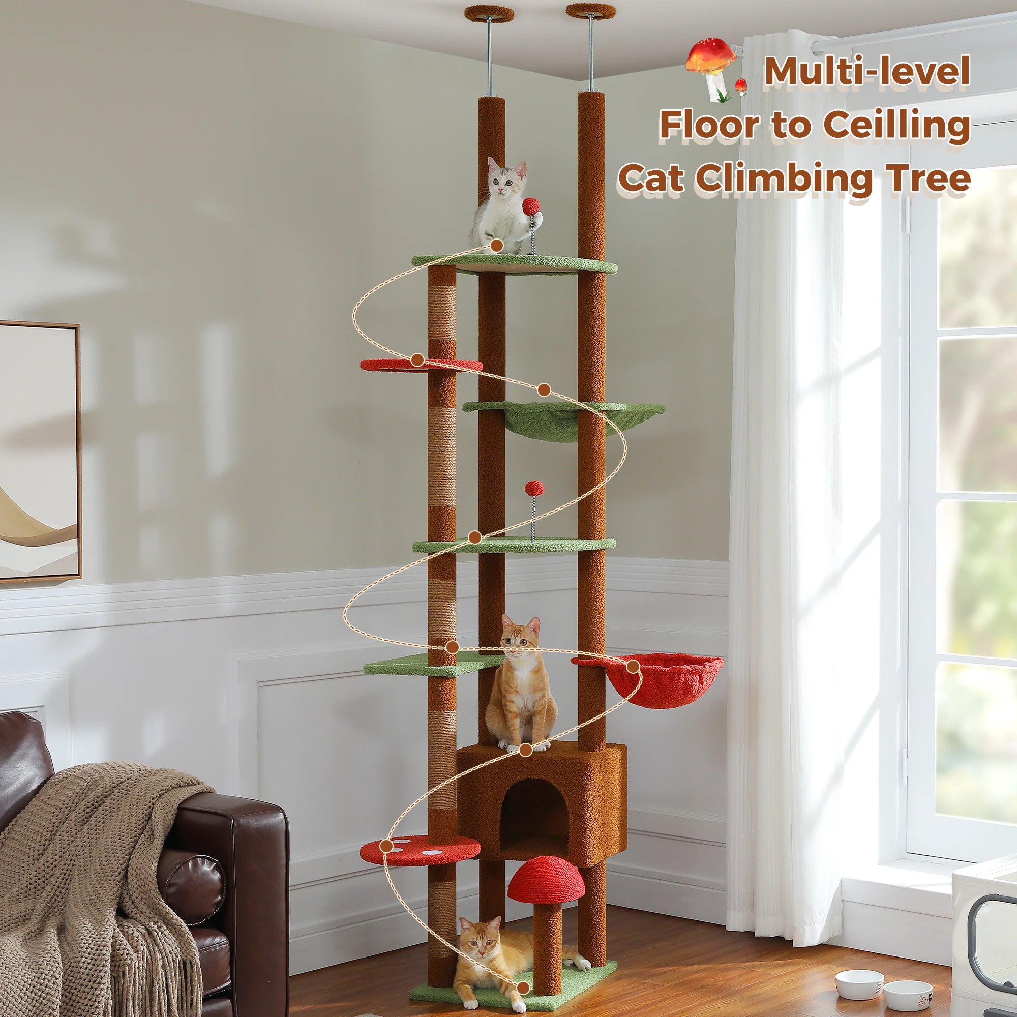 Floor-to-Ceiling Adjustable Wooden Cat Tree – Cat Tower with Hammock & Condo