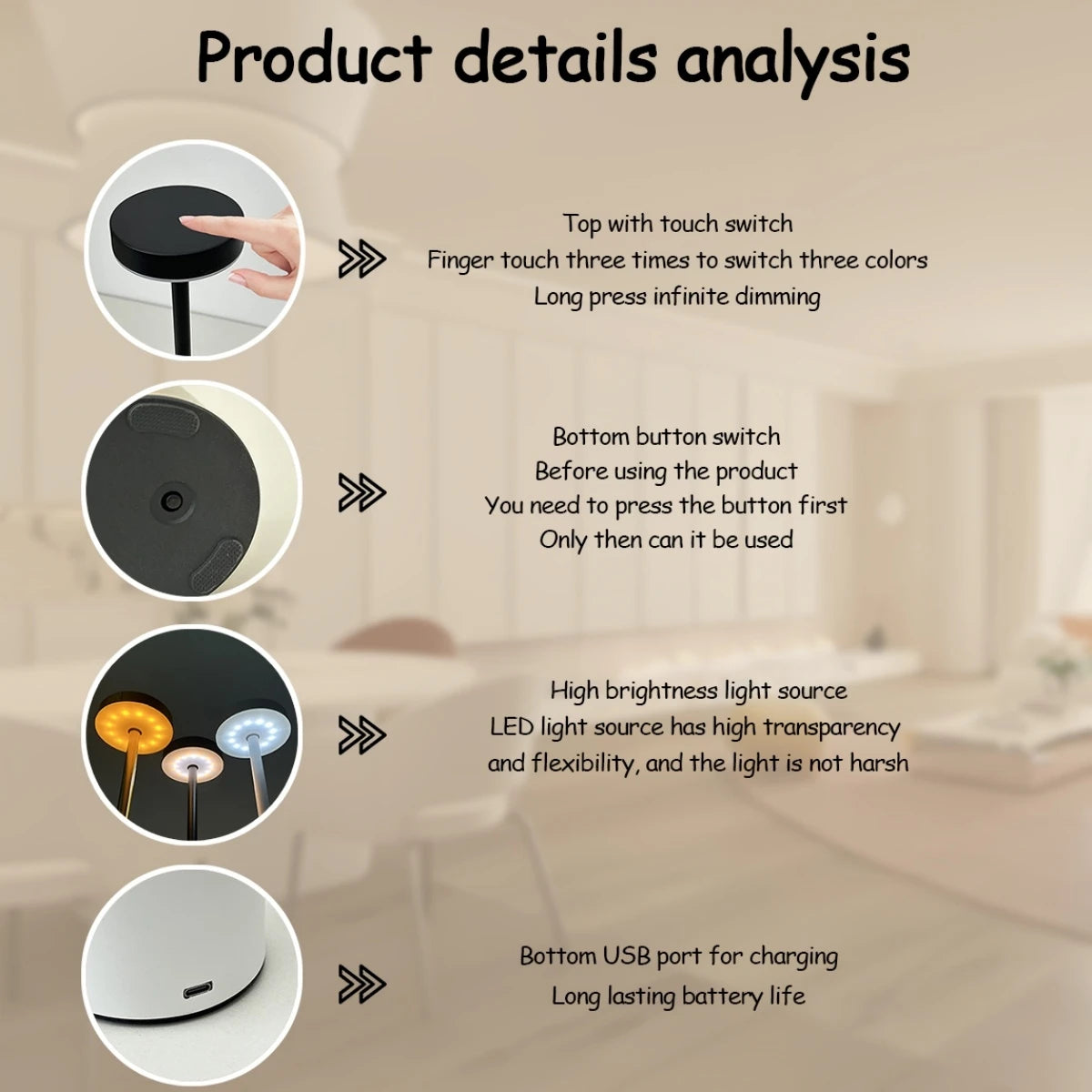 LED Ambient Table Lamp – USB Rechargeable Touch-Control Dimmable Night Light