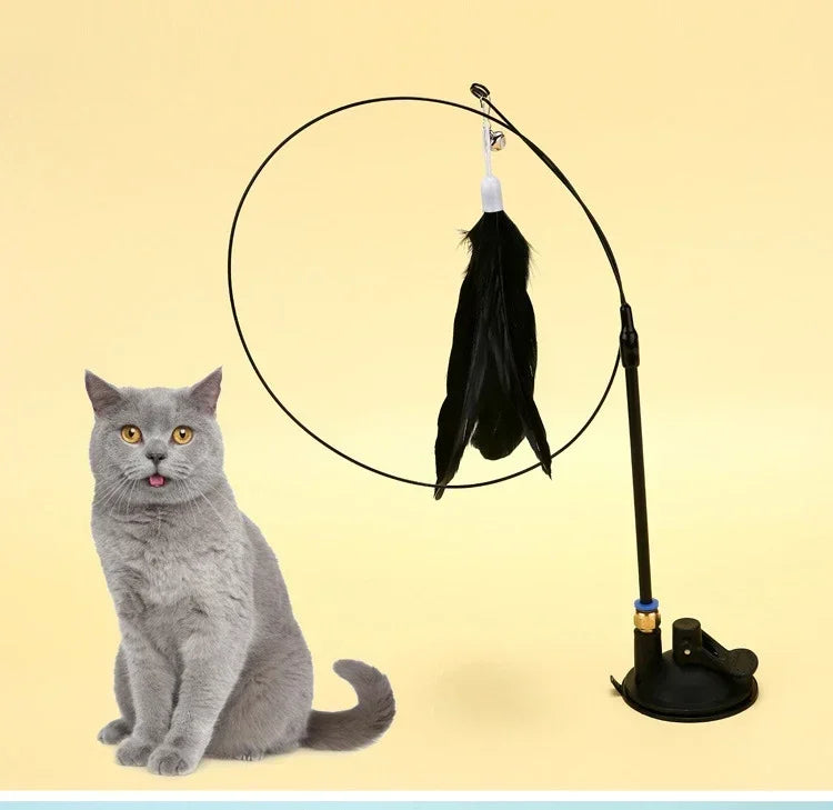 Interactive Suction Cup Feather Cat Wand Toy with Bell