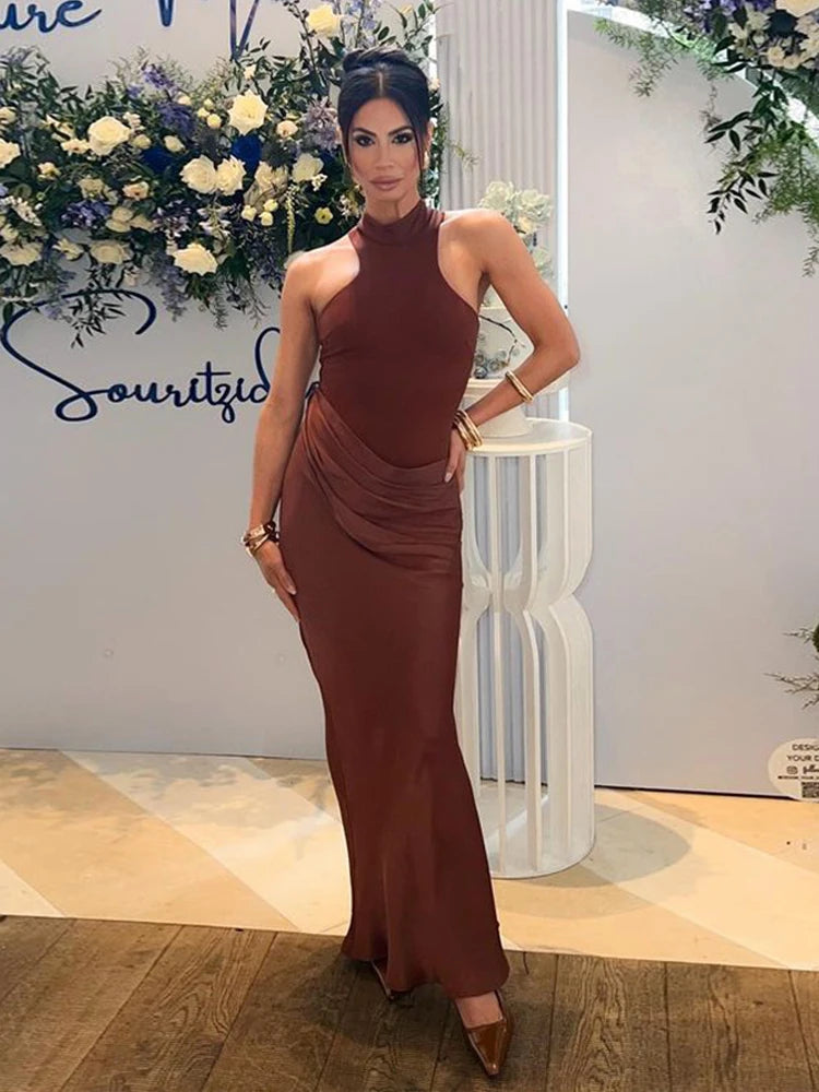 Robe Longue Femme Satin Sexy – Col Ajouré, Sans Manches, Taille Haute, Noir, Automne 2025