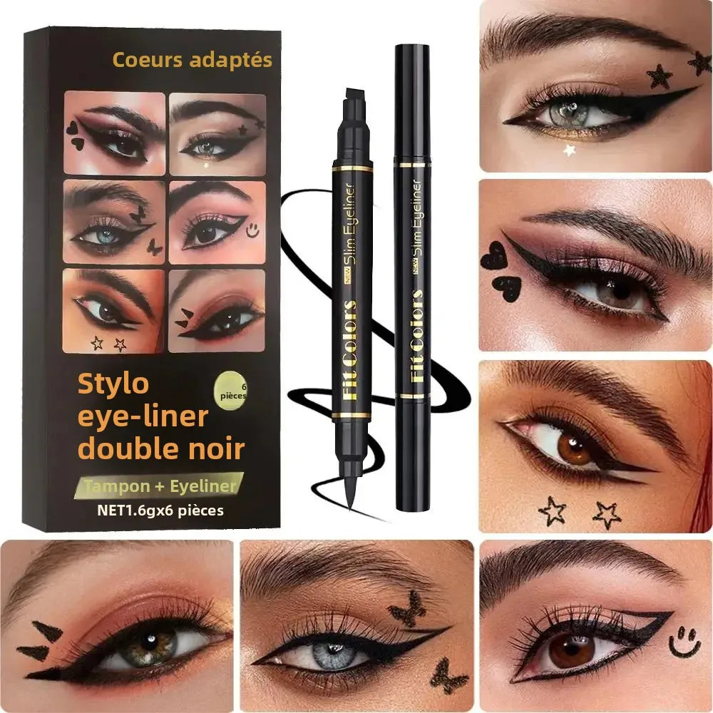 Kit de maquillage anti-bavures pour eyeliner liquide waterproof à séchage rapide (6 pièces) : eyeliner noir double embout avec tampon cœur et étoile.