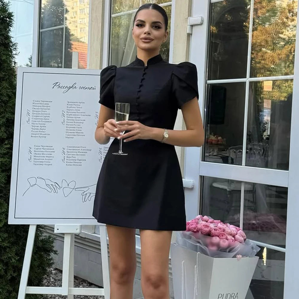 Mini Dress Femme – V-Neck, Puff Sleeve, A-Line Slim