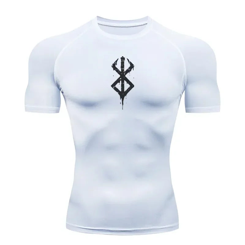 T-shirt de compression à manches courtes pour homme, haut de sport, séchage rapide, respirant, vêtements de fitness MMA, blanc et noir, été