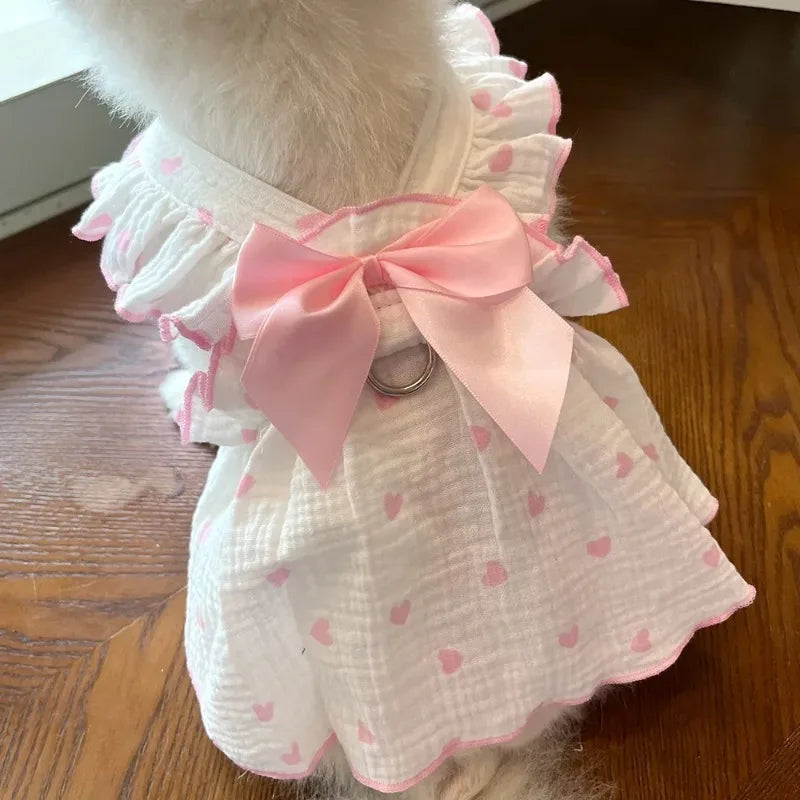 Heart Print Dog Dress with Bow – Cute Summer Princess Outfit for Small Dogs & Cats