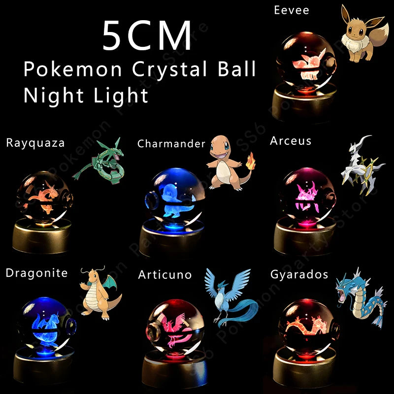3D Pokémon Crystal Ball Night Light – Pikachu, Gengar & Mewtwo LED Glass Lamp