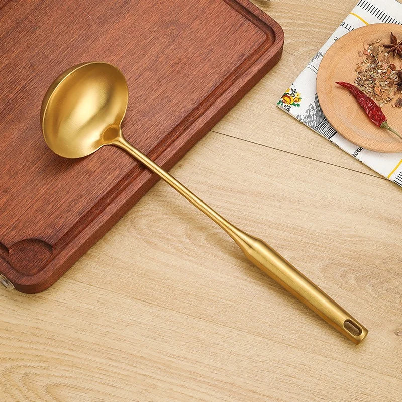 Gold Stainless Steel Soup Spoon Set (1–7 PCS) – Multifunction Noodle, Rice & Hot Pot Serving Spoon