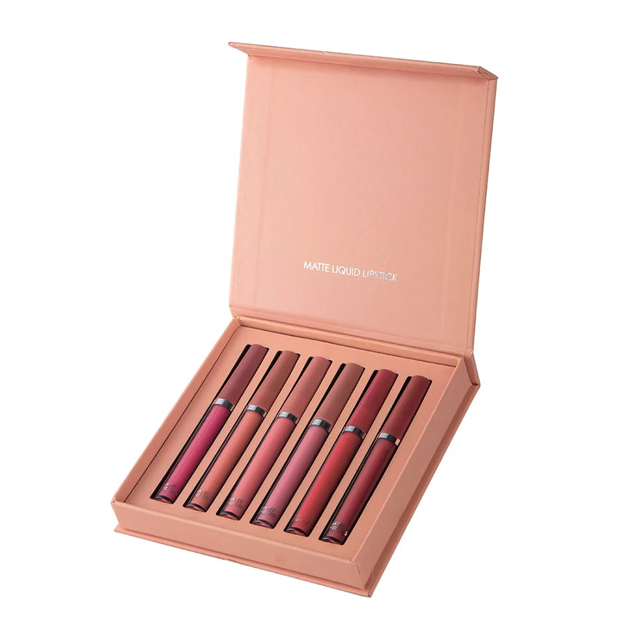 Coffret 6 rouges à lèvres mats – Texture lisse et tenue longue durée | Gloss waterproof et hydratant | Idéal pour les fêtes | Boîte cadeau élégante pour maquillage des lèvres