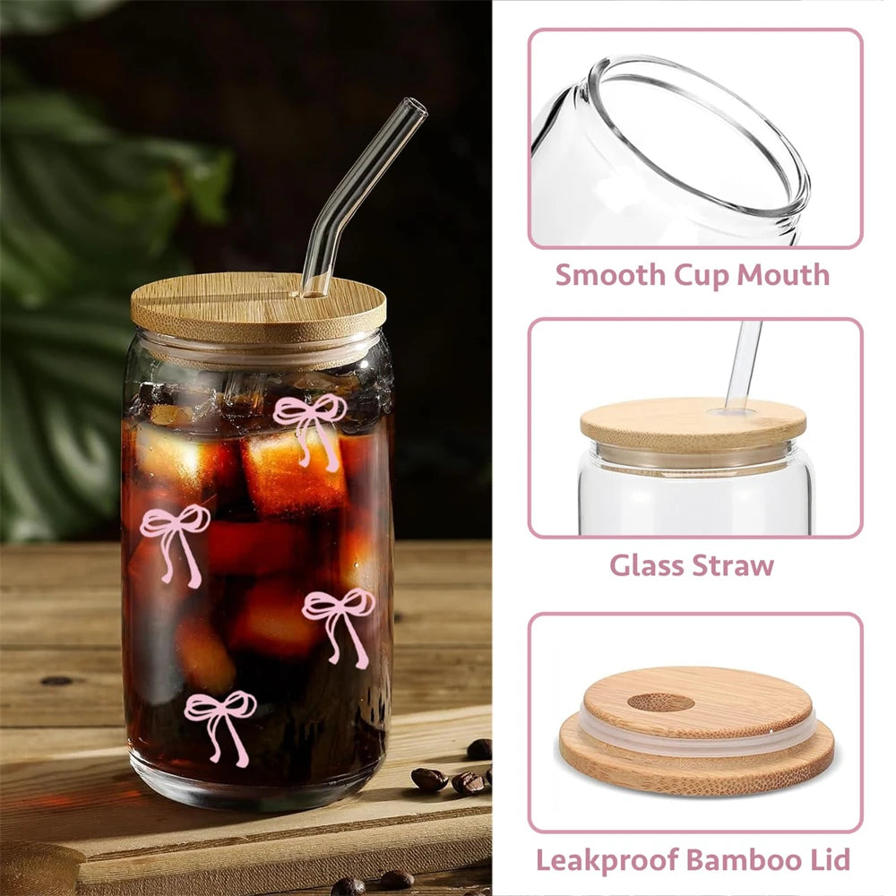 500ml Pink Bow Glass Cup with Lid & Straw – Cute Tumbler for Iced Coffee, Matcha, Juice & Smoothies