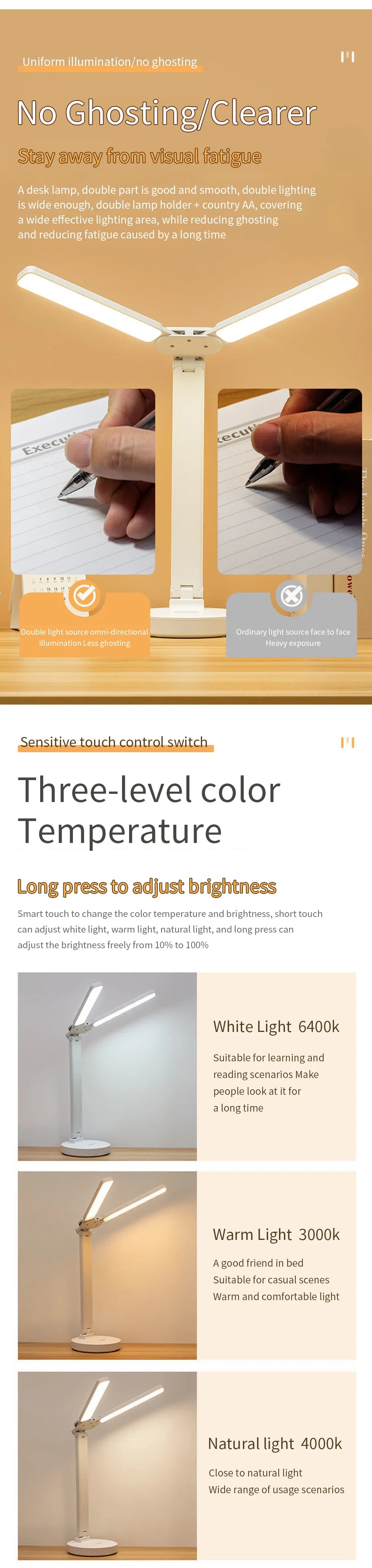 LED Desk Lamp with Clock & Temperature Display – USB Rechargeable Touch Control Reading Light