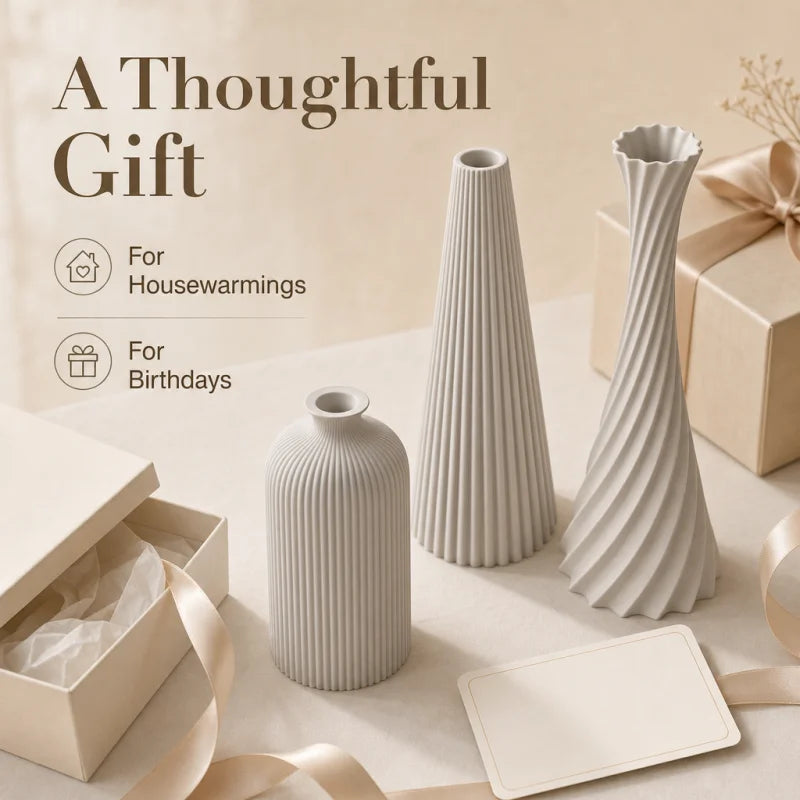3-Piece Wabi-Sabi Ribbed Vase Set – Matte Off-White Decorative Vases for Home Decor