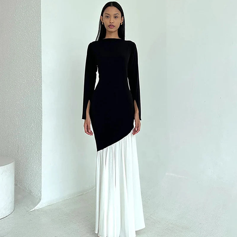 Robe Femme Patchwork Noir et Blanc à Queue de Poisson – Col Rond, Taille Haute, Style Ins, Maxi et Midi Élégante à Contraste